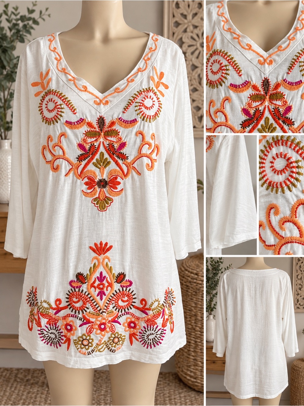JM Collection White Tunic with Orange & Pink Floral Embroidery 1X 100%Cotton